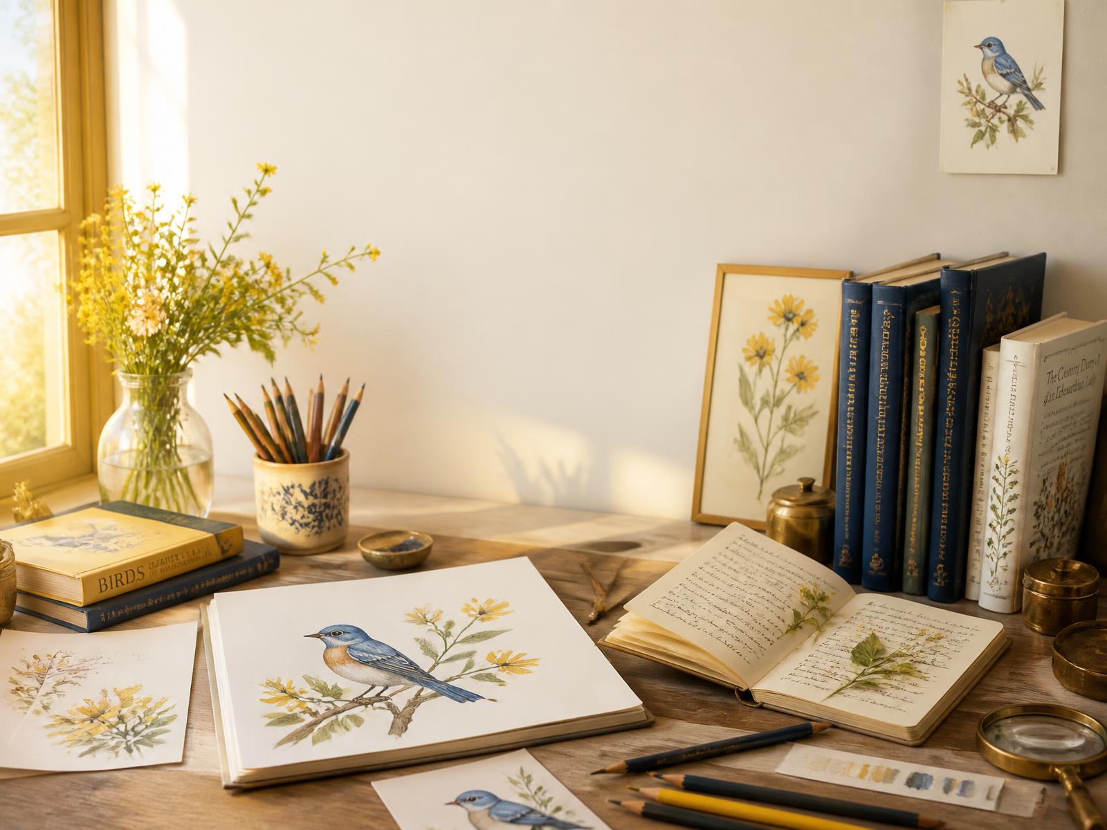 A young artist's workspace with watercolors, pencils, and a nature journal